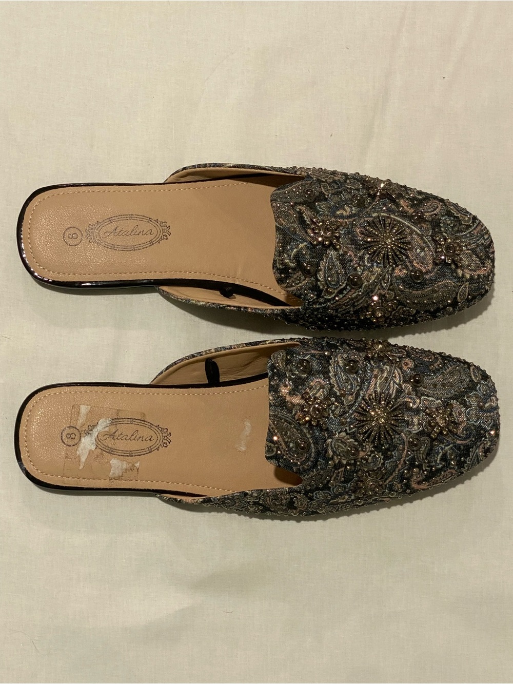 Atalina Beaded Paisley beaded Slip-On Mules in Metallic Gray and Tan